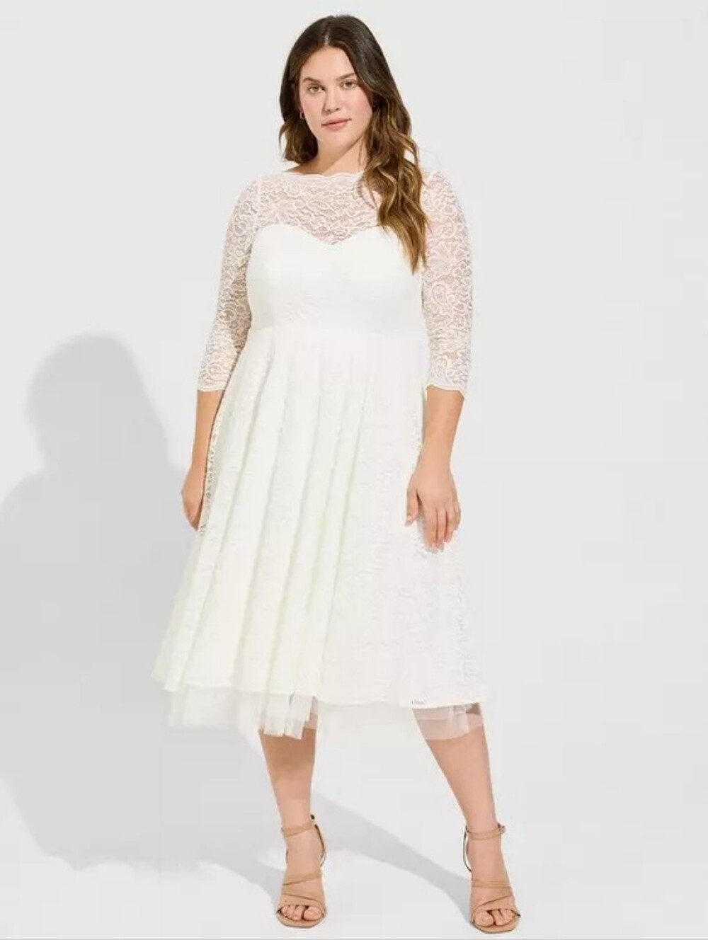 torrid Ivory Lace Midi Wedding Dress with Sheer Sleeves
